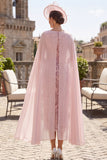 Robe de mère de la mariée Midi à paillettes roses à paillettes et cape en mousseline
