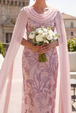 Robe de mère de la mariée Midi à paillettes roses à paillettes et cape en mousseline