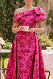 Robe asymétrique à une épaule fuchsia à rayures en A, imprimée en A, robe de la mère de la mariée