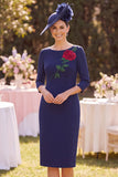 Fourreau à col bateau bleu marine manches 3/4 appliques robe midi mère de la mariée
