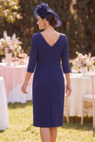 Fourreau à col bateau bleu marine manches 3/4 appliques robe midi mère de la mariée
