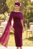 Robe de mère de la mariée en gaine bordeaux perlée 3D avec drapé