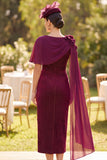 Robe de mère de la mariée en gaine bordeaux perlée 3D avec drapé