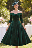 Robe mère de la mariée vert foncé épaule décollée 3/4 à manches ligne A avec perles