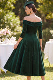 Robe mère de la mariée vert foncé épaule décollée 3/4 à manches ligne A avec perles