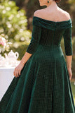 Robe mère de la mariée vert foncé épaule décollée 3/4 à manches ligne A avec perles