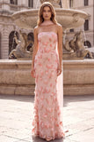 Robe de soirée longue avec broderie florale, sans bretelles, coupe sirène, rose, avec appliqués
