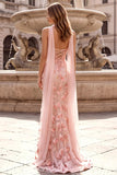 Robe de soirée longue avec broderie florale, sans bretelles, coupe sirène, rose, avec appliqués
