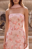 Robe de soirée longue avec broderie florale, sans bretelles, coupe sirène, rose, avec appliqués