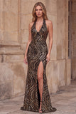 Robe de bal longue de bal à col nu à col en V noir à paillettes longues avec fente haute