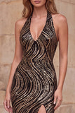 Robe de bal longue de bal à col nu à col en V noir à paillettes longues avec fente haute