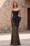 Corset sirène noir sans bustiers, sequins, longue robe de bal avec un nœud en satin oversize
