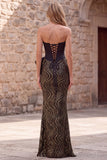 Corset sirène noir sans bustiers, sequins, longue robe de bal avec un nœud en satin oversize