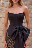 Corset sirène noir sans bustiers, sequins, longue robe de bal avec un nœud en satin oversize