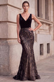 Robe longue de soirée en velours à col V noir, coupe sirène