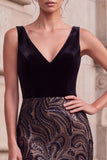 Robe longue de soirée en velours à col V noir, coupe sirène