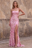 Robe de soirée longue coupe sirène sans bretelles à paillettes scintillantes rose avec fente