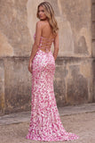Robe de soirée longue coupe sirène sans bretelles à paillettes scintillantes rose avec fente
