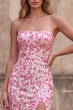 Robe de soirée longue coupe sirène sans bretelles à paillettes scintillantes rose avec fente