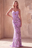 Robe de soirée longue avec découpes, coupe sirène, violette, à fines bretelles, avec broderies florales