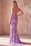 Robe de soirée longue avec découpes, coupe sirène, violette, à fines bretelles, avec broderies florales
