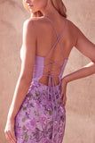 Robe de soirée longue avec découpes, coupe sirène, violette, à fines bretelles, avec broderies florales