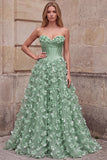 Robe de soirée verte avec corset, ligne A, sans bretelles, en satin, avec appliqués floraux 3D