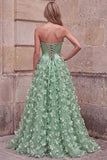 Robe de soirée verte avec corset, ligne A, sans bretelles, en satin, avec appliqués floraux 3D