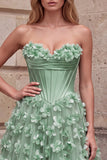 Robe de soirée verte avec corset, ligne A, sans bretelles, en satin, avec appliqués floraux 3D