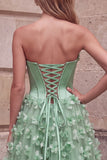 Robe de soirée verte avec corset, ligne A, sans bretelles, en satin, avec appliqués floraux 3D