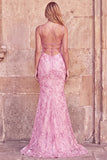 Robe de soirée longue avec broderie, coupe sirène, rose, à col V