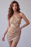Champagne velours Sequins Appliques Robe Cocktail courte bodymate froncée sans bretelles
