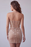 Champagne velours Sequins Appliques Robe Cocktail courte bodymate froncée sans bretelles