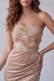 Champagne velours Sequins Appliques Robe Cocktail courte bodymate froncée sans bretelles