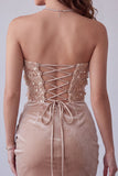 Champagne velours Sequins Appliques Robe Cocktail courte bodymate froncée sans bretelles