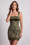 Olive Square Neck Satin Appliques Sequins Shorts Bodycon Bodycon Body Shell Short Short Slip