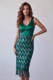 Robe cocktail Midi en dentelle bodycon en satin vert foncé avec franges