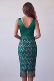 Robe cocktail Midi en dentelle bodycon en satin vert foncé avec franges