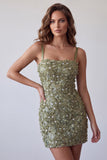 Sequins olive, appliques floraux, bandes fines, robe cocktail courte bodycon