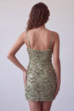 Sequins olive, appliques floraux, bandes fines, robe cocktail courte bodycon