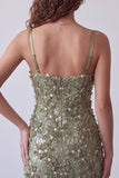 Sequins olive, appliques floraux, bandes fines, robe cocktail courte bodycon