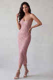 Robe cocktail longue bretelles Pink Sequins bodycon avec fente arrière