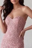 Robe cocktail longue bretelles Pink Sequins bodycon avec fente arrière