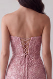 Robe cocktail longue bretelles Pink Sequins bodycon avec fente arrière