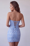 Robe cocktail courte bodycon courte bodycon en dentelle bleu ciel bleu ciel avec dentelle dans le dos