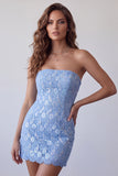 Robe cocktail courte bodycon courte bodycon en dentelle bleu ciel bleu ciel avec dentelle dans le dos