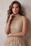 Robe cocktail midi champagne à col montant à étages et volants avec des sequins