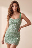 Robe cocktail courte à plumes à col carré verte bodycon, avec des sequins,