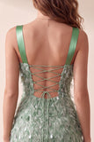 Robe cocktail courte à plumes à col carré verte bodycon, avec des sequins,