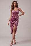 Robe cocktail Midi froncée en velours Fuchsia Bodycon Bodycon Sweetheart avec fente
